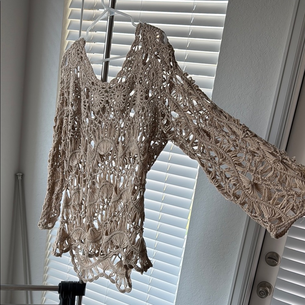 Umgee Taupe Crochet Knit Top